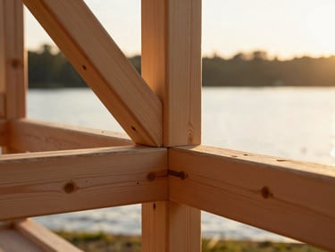 Close-up of precise timber framing joints, golden hour light, shallow depth of field, rich natural wood tones.
