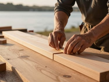 Skilled carpenter working on a custom wood piece, detailed carpentry joints, warm light, rich natural wood tones.