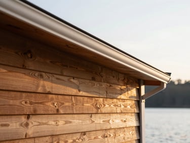 Detail of newly installed siding and soffit on a cottage, natural daylight, crisp details, rich natural wood tones.