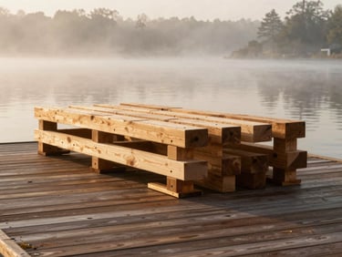 Heavy-duty dock cribbing being installed on a lakefront, crisp early morning mist, wide environmental shot, rich natural wood tones.
