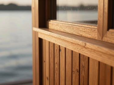 Close-up of custom interior wood trim, rich natural wood tones, shallow depth of field, warm editorial photography.