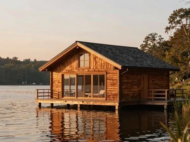 Luxury timber cottage reflecting on still lake water at golden hour, wide environmental landscape, warm editorial photography.