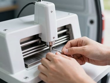 Close-up of hands using a high-precision digital key-cutting machine inside a modern mobile workshop van, bright focused LED lighting