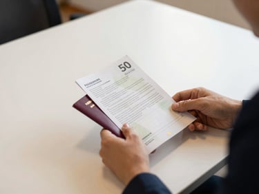 Hands reviewing European passport documents on a clean desk, warm natural office light, professional and reliable atmosphere