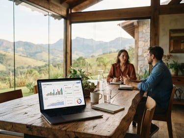 Panoramic wide shot of a modern rustic meeting room in Minas Gerais, warm natural light illuminating a wooden table with a laptop showing clean marketing graphs, large window revealing distant green hills of Jaboticatubas, shallow depth of field, 35mm.