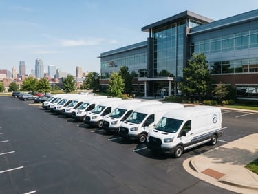 Wide environmental shot of branded fleet vehicles parked in bright daylight outside a modern professional office building in Kansas City, sharp focus, 35mm