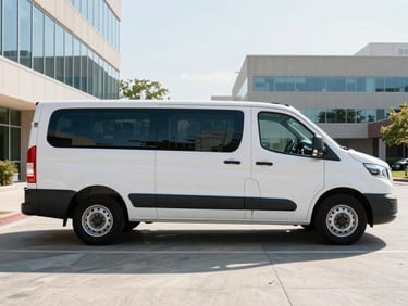 Crisp daytime photograph of a branded white fleet vehicle parked outside the professional office building suites in Kansas City, bright natural light, professional corporate photography