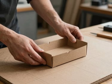 Hand holding a kraft-board folding carton mid-assembly on a studio worktable, structural score lines visible, clean strobe side-lighting, no faces
