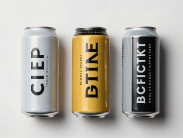 Overhead flat-lay of three competing beverage cans arranged in a row on a white studio surface, showing label typography and structural differences, clean strobe lighting, no people