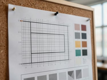 Close-up of a production proof sheet pinned to a corkboard, showing die-cut registration marks and spot-color swatches under natural window light, no people