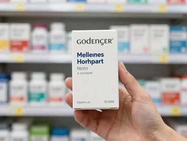 Hand holding a slim wellness supplement carton against a pharmacy shelf background, clean studio strobe light showing soft-touch matte laminate finish, product label in sharp focus