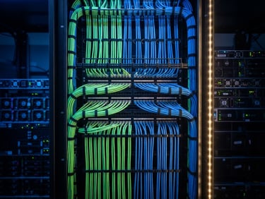Close-up of a perfectly organized server rack with neon green and blue ethernet cables running in neat parallel lines, labeled patch panels, sharp focus, professional tech photography, 35mm lens.