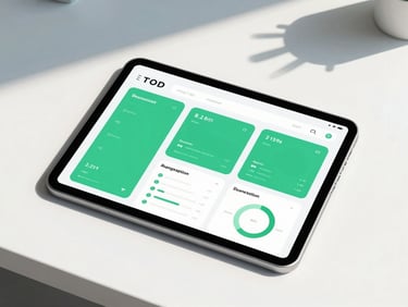 Clean overhead desk layout with a modern tablet displaying a clear, secure software dashboard with green metrics, bright natural daylight, soft shadows.