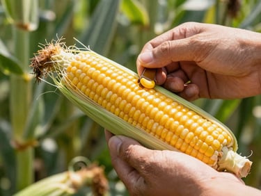 Close-up of hands shucking a fresh green ear of corn, golden kernels peek out, warm Tennessee sunlight filtering through trees.