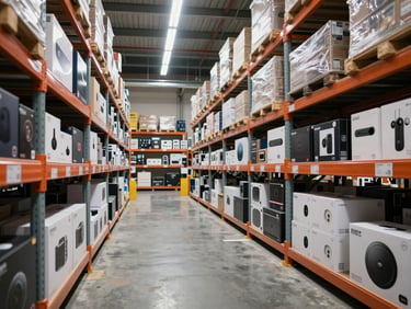 Wide shot of organized warehouse shelving stocked with boxed electronics and accessories, strong LED ceiling light, clean concrete floor, no people