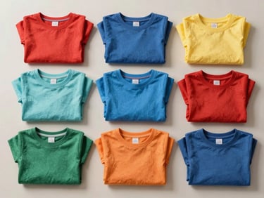 Overhead tabletop shot of assorted children's clothing items — small folded garments in bright solid colors — on a plain light surface under even studio light, no people