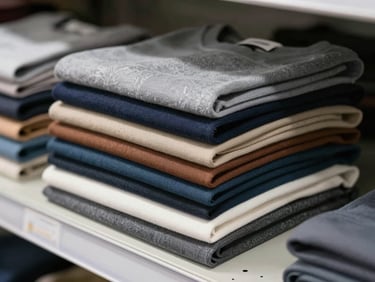 Close-up overhead shot of folded wholesale clothing samples stacked neatly on a warehouse shelf, bright even studio lighting, no people