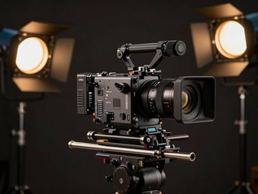 A professional video production setup with cinematic lighting, a high-end camera rig in focus, warm gold accent lights in a dark studio environment