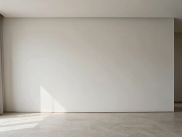Interior of a minimalist residential living room with soft natural light, clean lines, and subtle material textures. Eye-level perspective.