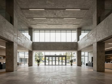 Expansive interior of a modern commercial lobby with high ceilings, concrete walls, and natural light streaming through large windows. Eye-level perspective.