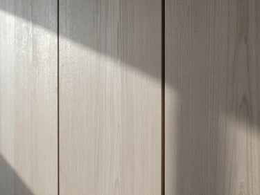 Close-up of a wooden wall panel with soft, low-angle morning light creating gentle shadows and highlighting texture. Editorial architectural photography, sharp details.
