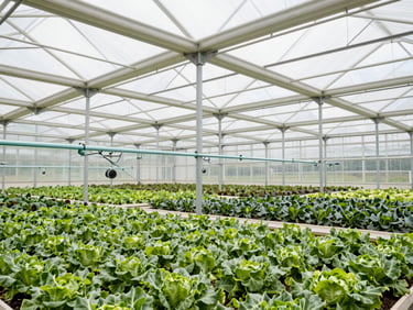 Interior view of an automated vegetable greenhouse, showing irrigation systems and healthy plants under controlled light, clean technical mood.