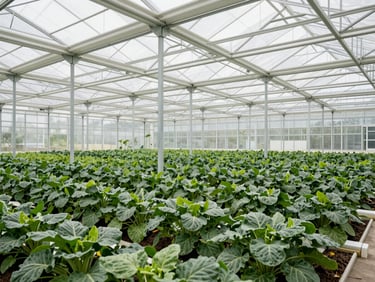 Interior view of thriving crops under diffused light within a multi-span greenhouse, clean rows, healthy plants, industrial architectural photography.