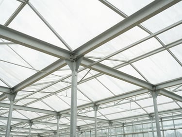 Close-up, low-angle shot of heavy-gauge structural steel trusses inside a large commercial greenhouse, bright overcast daylight, clean technical mood.