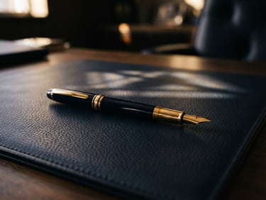 Close-up of a fountain pen resting on a dark, high-quality leather desk pad, with abstract geometric light patterns reflecting softly on the surface, low-key dramatic interior lighting, warm highlights, 35mm, high contrast.