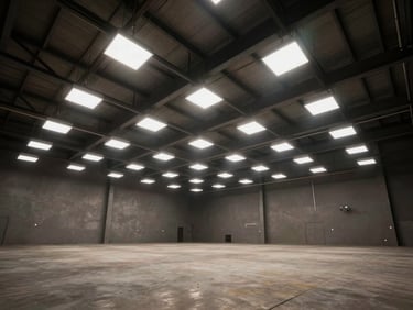 Wide angle of a modern industrial warehouse interior, high-bay LED fixtures suspended from steel rafters casting powerful uniform light onto concrete floors, medium format.