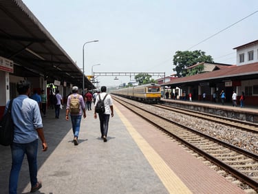 Editorial photojournalism of Ranchi railway station, passengers on platform, natural light, sharp documentary style
