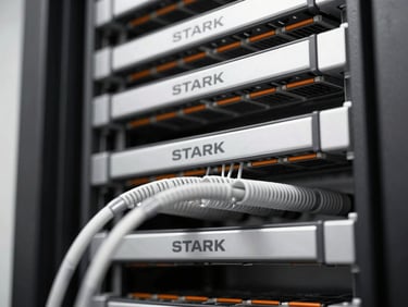 Stark macro close-up of clean server rack cabling, clinical fluorescent lighting, high-contrast monochrome with safety-orange accents, sharp focus, 35mm