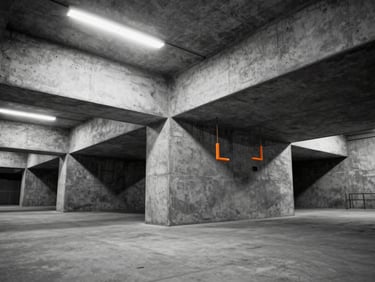 Extreme wide-angle architectural shot of high-contrast concrete geometry, stark clinical shadows, monochrome with safety-orange accents, 35mm