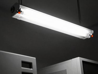 Close-up of vintage computing hardware, hard clinical fluorescent light, high-contrast monochrome, sharp focus, 35mm