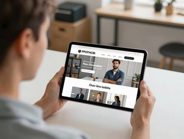 Over-the-shoulder shot of a local business owner looking at their new professional website on a tablet screen, bright natural daylight, clean modern workshop background.