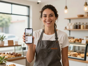 Medium environmental portrait of a smiling local business owner in a bright, modern bakery in Brazil, holding a smartphone showing a clean website layout, high-key natural daylight from a side window, honest and professional feel.