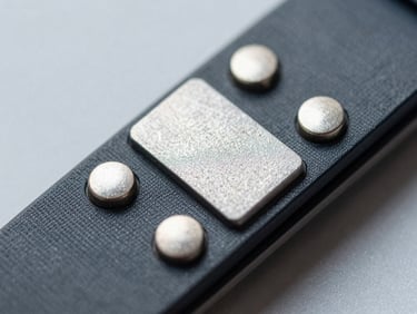 Macro shot of conductive electrode pads welded onto a heart rate monitor strap, high-contrast cool studio lighting