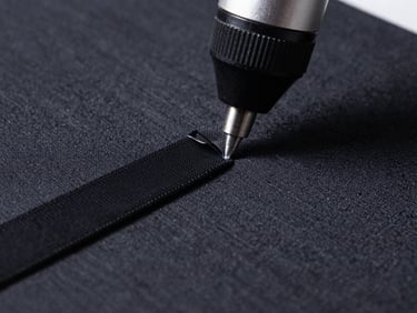 Close-up of ultrasonic cutting machine slicing black elastic strap, sharp focus on clean sealed edge, industrial lighting