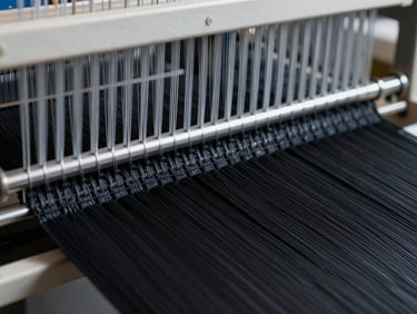 Macro photography of automated high-speed loom needles weaving black nylon webbing, crisp industrial cool lighting