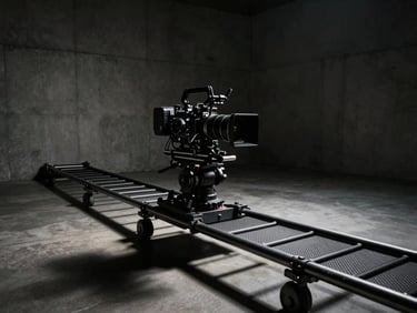 Extreme wide cinematic shot, high-contrast low-key lighting, a professional camera rig on a carbon fiber slider inside a minimalist concrete gallery, dramatic shadows, 35mm anamorphic lens