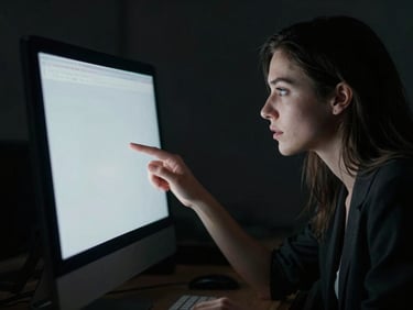 Close-up of a female art director analyzing a high-contrast monitor in a dark studio, cinematic low-key lighting.