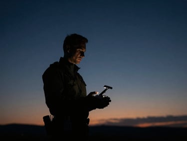 A professional drone pilot operating a controller at dusk, silhouette against a deep twilight sky.
