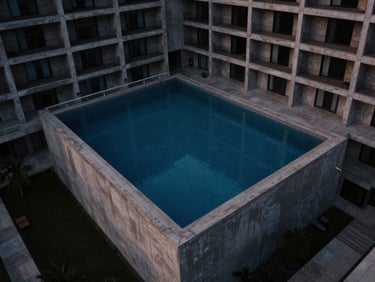 Low-angle drone perspective of a brutalist concrete hotel pool at twilight, geometric symmetry, deep blue water reflecting sharp architectural lines, moody dark tones