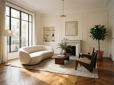 Straight-on architectural photograph of a high-end Parisian living room, elegant minimalist decor, soft morning window light streaming onto a herringbone parquet floor, rich natural tones, 35mm