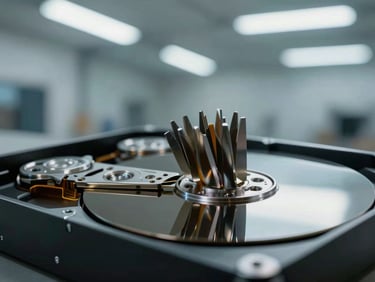 Macro photograph of industrial shredder teeth destroying hard drives, cool fluorescent lighting, sharp focus, 35mm