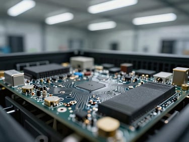 Macro close-up of a high-density server circuit board, industrial desaturated metallic tones, cool fluorescent warehouse lighting, sharp focus, 35mm