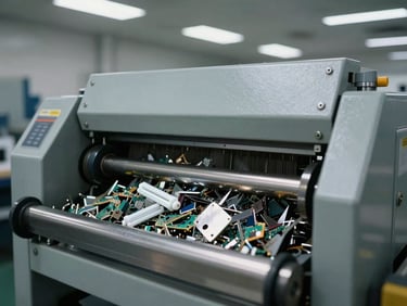 Industrial shredding equipment processing electronic hardware, metallic debris, cool fluorescent lighting, sharp focus, 35mm