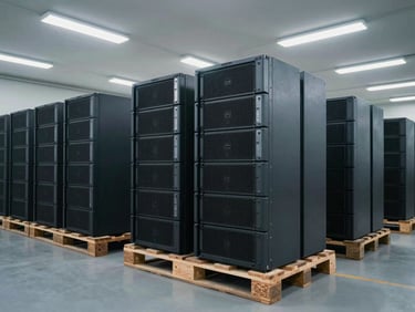 Wide environmental shot of a clean, organized industrial warehouse facility with stacked pallets of server racks under cool fluorescent lighting, 35mm.