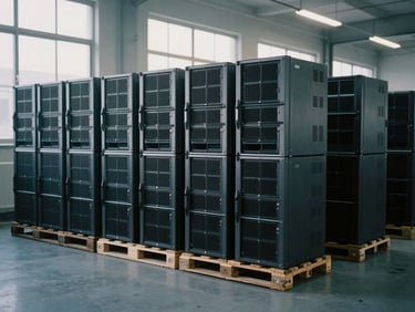 Organized pallets of retired enterprise server racks stacked in a secure processing facility, cool overcast daylight from high windows, 35mm