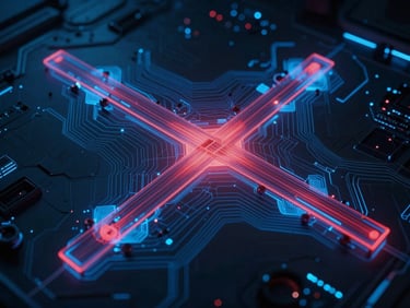 Abstract cross-continuum wireframe map with a red glowing anomaly, dark cinematic sci-fi photography, harsh blue and red glow